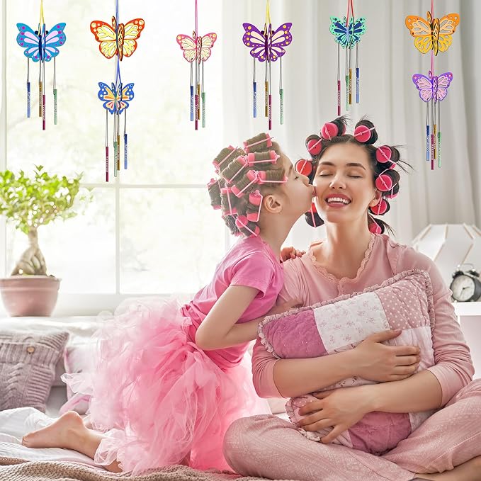 Fennoral 8 Pack 3D Butterfly Wind Chime Kit for Kids Make Your Own Butterfly Wind Chime Wooden Arts and Crafts for Kids DIY to Paint Butterfly Craft for Summer Art Activity Mother's Day Decoration