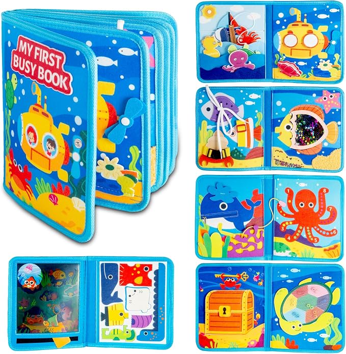 DEGIDEGI Montessori Busy Book for Toddlers, Educational Sensory Activity Book with Life Skills Training, Quiet Travel Toy for Car and Airplane, (Deep Blue)