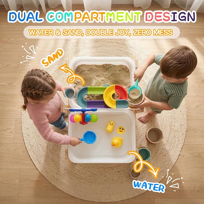 Sand and Water Table for Toddlers, Wooden Activity Sensory Table | Kid Outdoor Toys with Painting PS Board, 2 Collapsible Bins, Beach Accessories, 4 Washable Paint Crayons and Waterproof Cover
