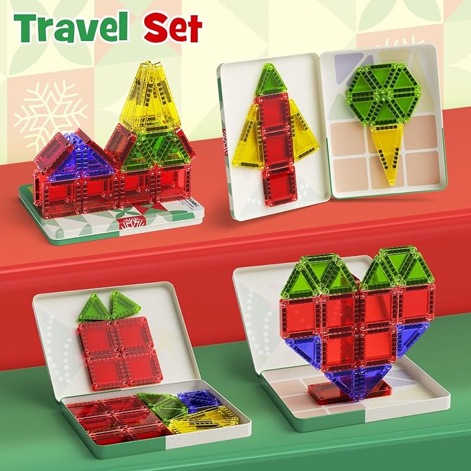 Magnetic Tiles Travel Storage Mini STEM Blocks Festive Box 26PCS 3+ | STEM magnetic building tiles with festive travel box. Great for road trips, airplanes, Montessori play & on-the-go fun