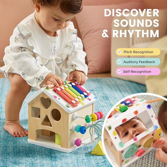 Tiny Land 9-in-1 Wooden Activity Cube, Educational Toy for Toddlers | Montessori Baby Activity Center for 1+ Year Old, Ideal Gift for Boys and Girls (Rainbow)