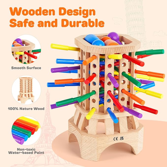 Montessori Wooden Board Game, Colorful Sticks Educational Toy for 3-6 Year Old Kids, Fine Motor Skills Toys, Family Travel Game for 3+ Year Olds, Birthday Gift for Boys and Girls