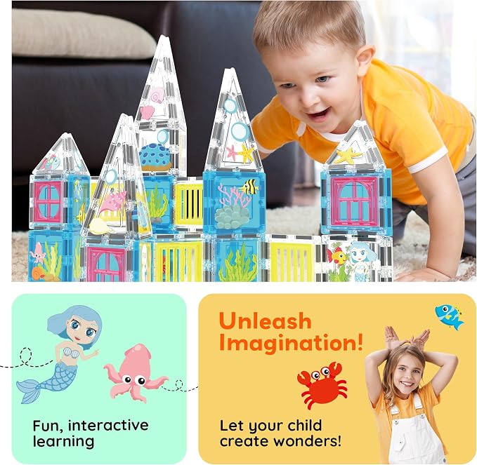 PicassoTiles 50 Piece Magnetic Tiles Mermaid Theme Magnet Building Blocks Toddler Toy Educational STEM Learning Kit Construction Set Pretend Play Preschool Kid Game Toddler Girl Boy Ages 3 & Up PTQ34