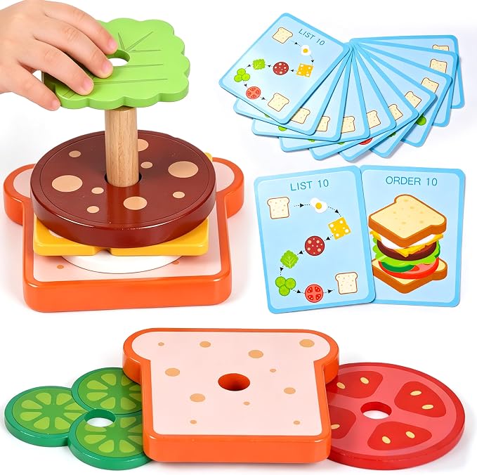 LovesTown Wooden Sandwich Stacking Toys, with Cards | for Toddlers, Montessori Toys, Role-Play, Preschool Learning, Screenless Play