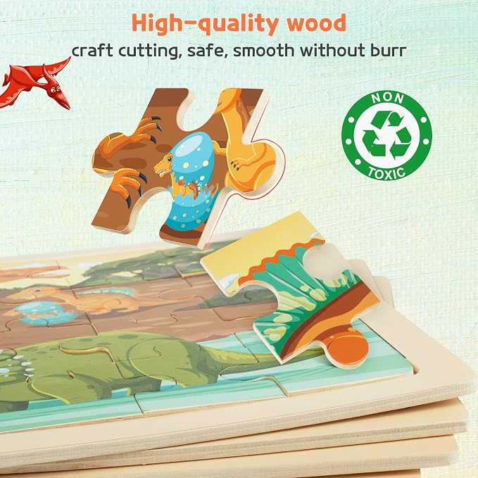 SYNARRY Large Dinosaur Wooden Puzzles for Kids Ages 4-6, 4-in-1 Gift Set | Dinosaur Puzzles for Toddlers & Kids Ages 3-5, Birthday Gifts for Boys & Girls, Educational Dinosaur Toys, Screen-Free Play