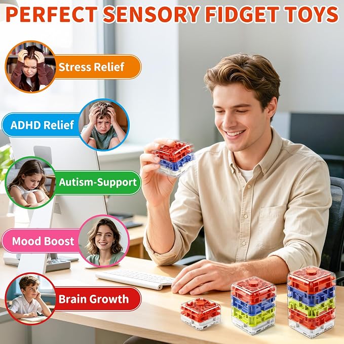 Infowush 2-in-1 Fidget Spinners Maze Cube - Fidget Toys for Kids & Adults | 3x3 Cube, Stress Relief Sensory 3D Brain Teaser Puzzle Cube, Board Game, Travel Toy, Birthday Gift for Boys Girls Ages 3 & Up