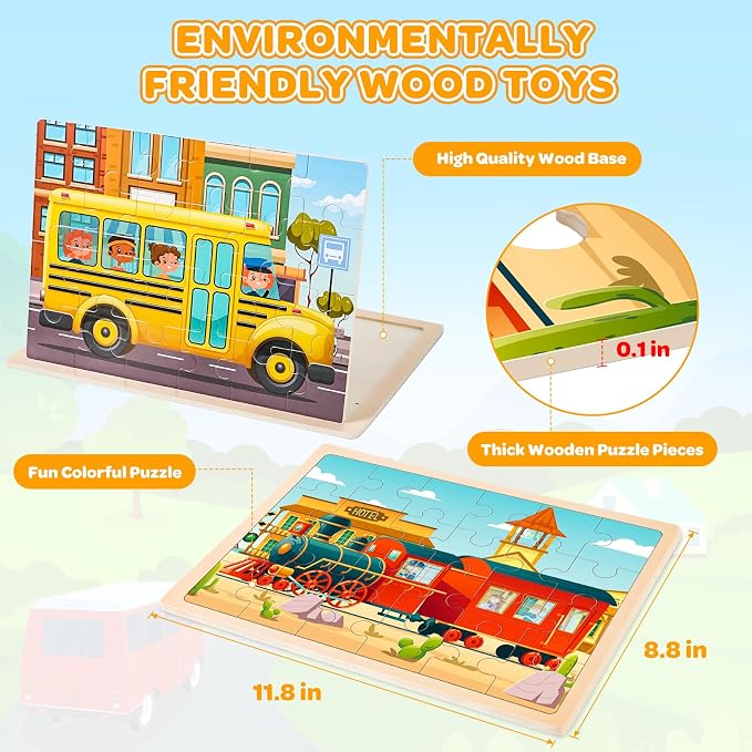 4-Pack Wooden Puzzles for Kids Ages 3-5, 24-Piece Construction Vehicle Set | Toddler Puzzles Ages 3-5, Preschool Puzzles with Wooden Jigsaw Boards for Fine Motor Skills, Shape Recognition and Travel