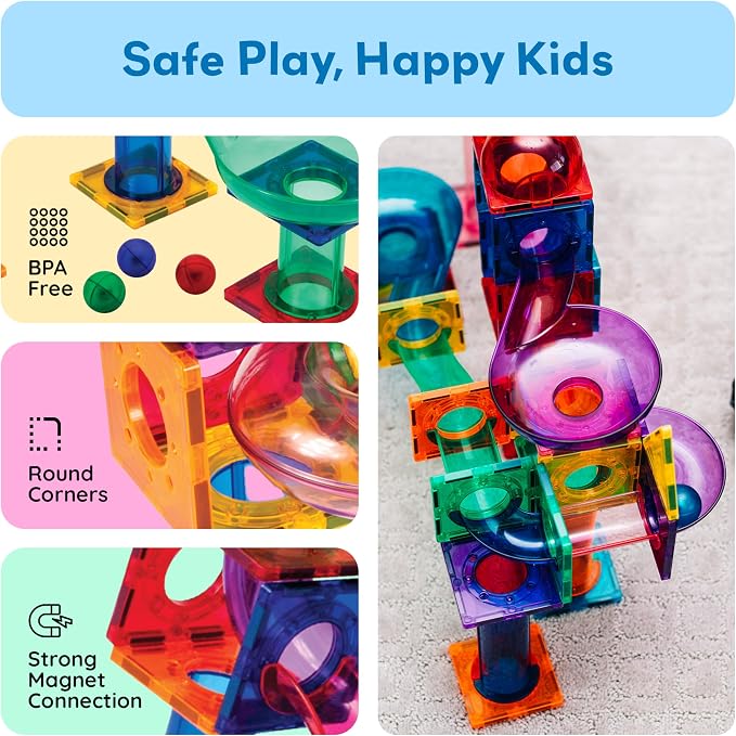 PicassoTiles 100 Piece Marble Run Magnetic Tiles Race Track STEM Ages 3+ | BPA-free ABS plastic, reinforced edges, curved slopes and U-turns, steel balls included, open-ended maze layouts, shared play