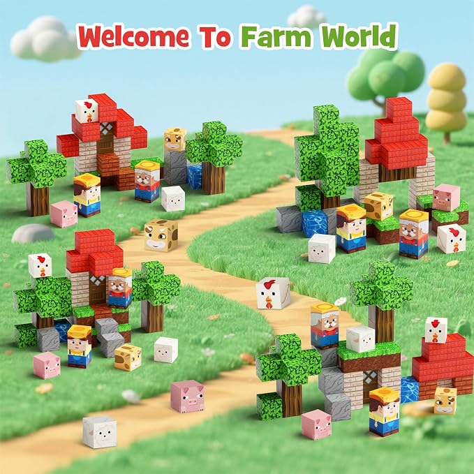 Mini Magnetic Blocks for Travel Toys: 49 Pcs Farm Animals Iron Storage Box | Portable Play Base Magnets Building Cubes Car Rides Activity & Plane Trips Essentials STEM Learning for Kids Toddler Ages 3-8