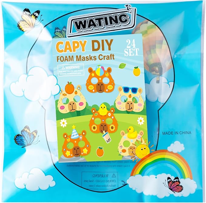 WATINC Capy Theme Bara Mask - 24pcs Make Your Own Cartoon Animal Foam Mask Craft Kit for Kids, Capy Character DIY Set with Diamond Stickers for Birthday Cosplay Party Supplies Photo Prop Boys Girls