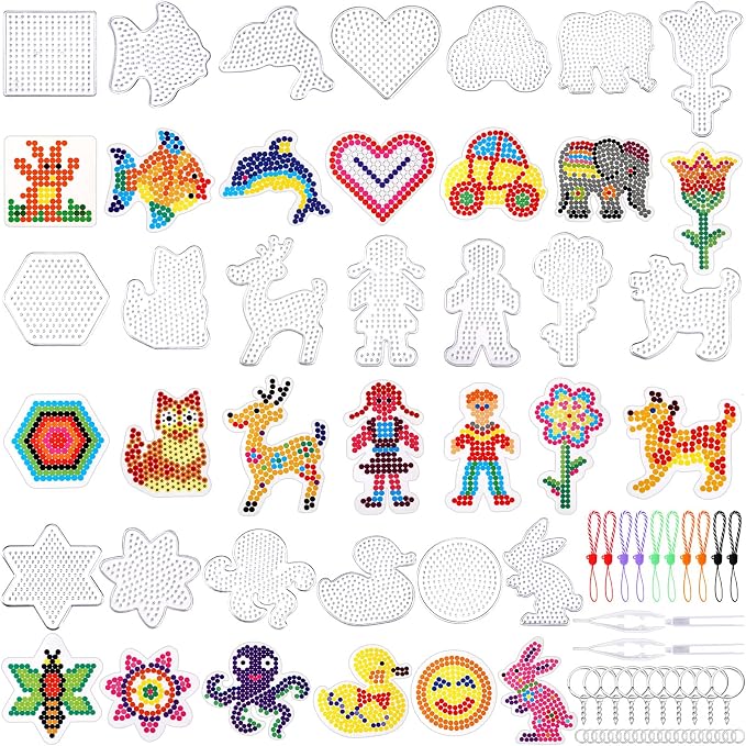 20 Pieces 5mm Fuse Beads Pegboards Clear Plastic Pegboard | Fuse Bead Boards, 20 Colorful Cards, 4 Bead Tweezers, 10 Keychains, 10 Hang Ropes, 20 Hang Circle, Kids DIY Craft Tray