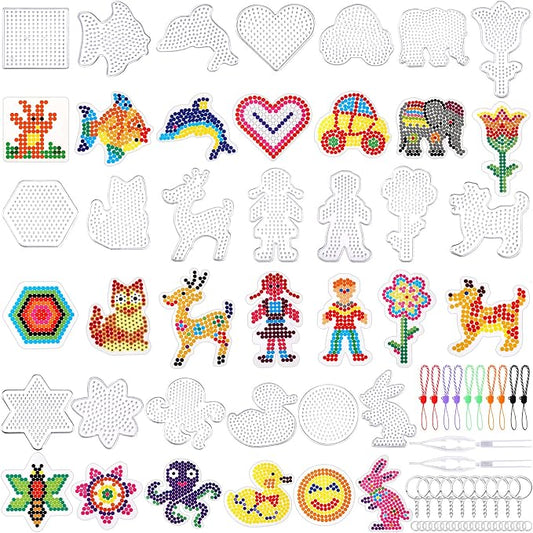 20 Pieces 5mm Fuse Beads Pegboards Clear Plastic Pegboard | Fuse Bead Boards, 20 Colorful Cards, 4 Bead Tweezers, 10 Keychains, 10 Hang Ropes, 20 Hang Circle, Kids DIY Craft Tray