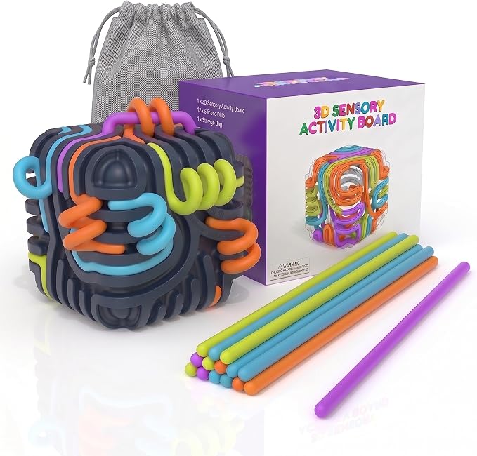 Sensory Activity Board Cube Fidget Toys for Kids & Adults - Zero Noise Silicone Quiet Toddler Travel Toys for Car Rides & Airplane - Autism ADHD Calming Toy Gift Stuffers with 15 Strings