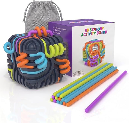 Sensory Activity Board Cube Fidget Toys for Kids & Adults - Zero Noise Silicone Quiet Toddler Travel Toys for Car Rides & Airplane - Autism ADHD Calming Toy Gift Stuffers with 15 Strings