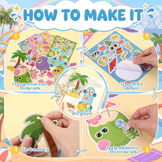 96 Pcs Summer Bookmark Craft Kits DIY Make Your Own Bookmark with Tropical Fruits Ice Cream Coconut Beach Stickers for Kids Classroom Activities Reading Rewards Birthday Camp Party Favors