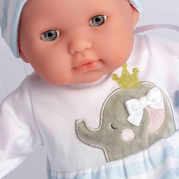 15" Realistic Soft Body Baby Doll with Open/Close Eyes | JC Toys - Berenguer Boutique | 10 Piece Gift Set with Bottle, Rattle, Pacifier & Accessories | Blue | Ages 2+