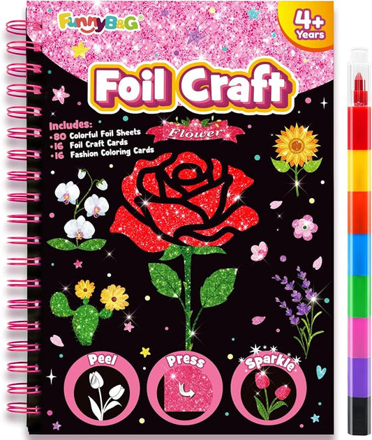 FUNNYB&G Foil Art Craft Kit for Kids, Sparkly Birthday Gift Toy for Girls | No Mess, Kids Ages 4-10 Create Sparkling Artwork, A Creative Gift for Birthdays, Holidays, Travel Activities,Screen-Free Fun