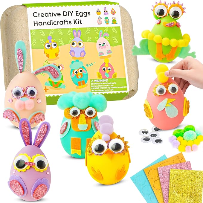 CZTCDP 6 Pack DIY Animal Craft Kit, 3D Egg Party Favors Toys for Kids | Fun Party Activity, Fine Motor Skill Builder, All-in-One Craft Box, Quiet Indoor Game, Safe Peel and Stick Felt & Pom Poms