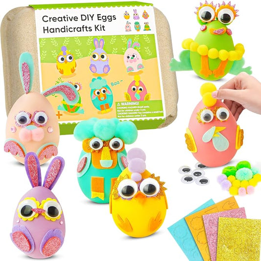 CZTCDP 6 Pack DIY Animal Craft Kit, 3D Egg Party Favors Toys for Kids | Fun Party Activity, Fine Motor Skill Builder, All-in-One Craft Box, Quiet Indoor Game, Safe Peel and Stick Felt & Pom Poms