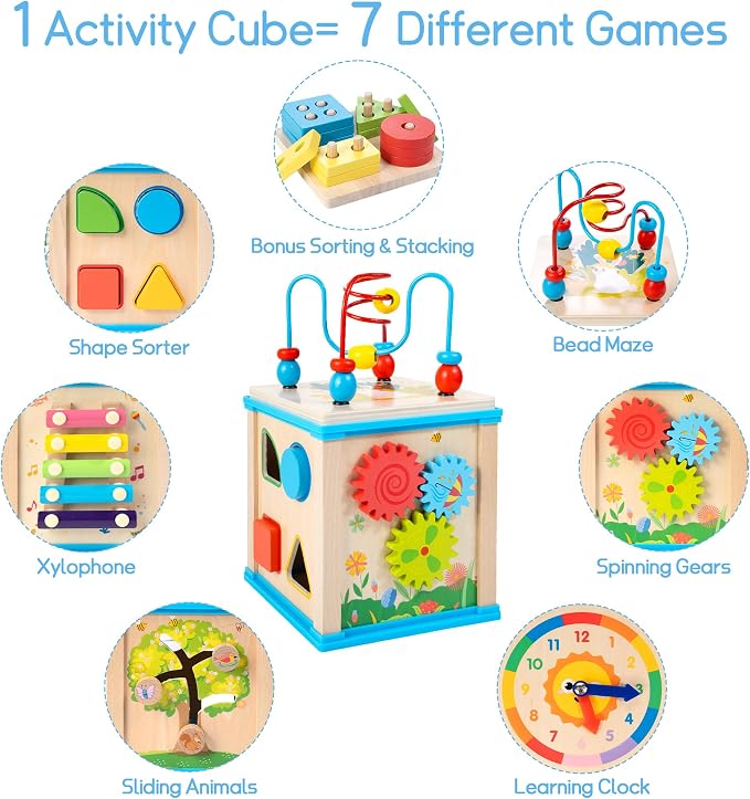 WOODMAM Wooden 7-in-1 Activity Cube, Montessori Toys for 1 2 Year Old | Baby Educational Developmental Toys, One Year Old Boy Girl Birthday Gifts, Bead Maze, Xylophone, Sorting & Stacking Board