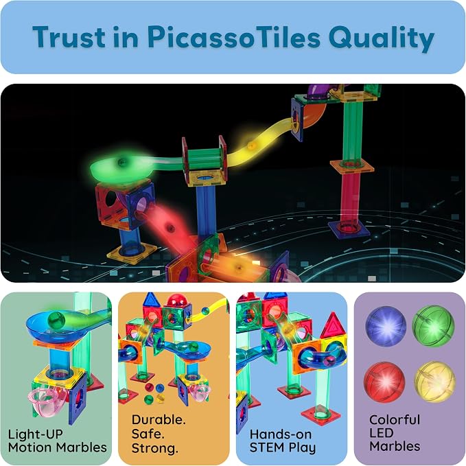 PicassoTiles Motion Activated Marbles 4pc LED Light-Up Glow in The Dark Translucent Balls for Marble Run Race Racetrack Maze Magnetic Construction Magnet Tiles Building Block STEM Education Kids Toys