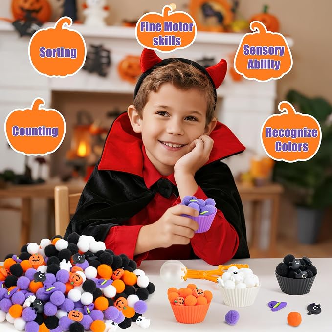Halloween Sensory Bin Fillers, 295Pcs Colorful Fine Motor Set | Halloween Counting Sorting Gifts, Plastic Pumpkin Ghost Felt Pom Poms, Teen Students Kids, School Education Activities
