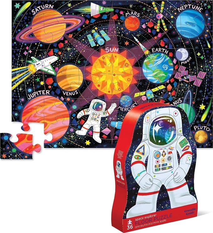Crocodile Creek 36-Piece Jigsaw Floor Puzzle - Fun Floor Puzzles for Kids Ages 3-5 - Heavy-Duty Shaped Box for Storage - Space Explorer - 24" W x 18" H Finished