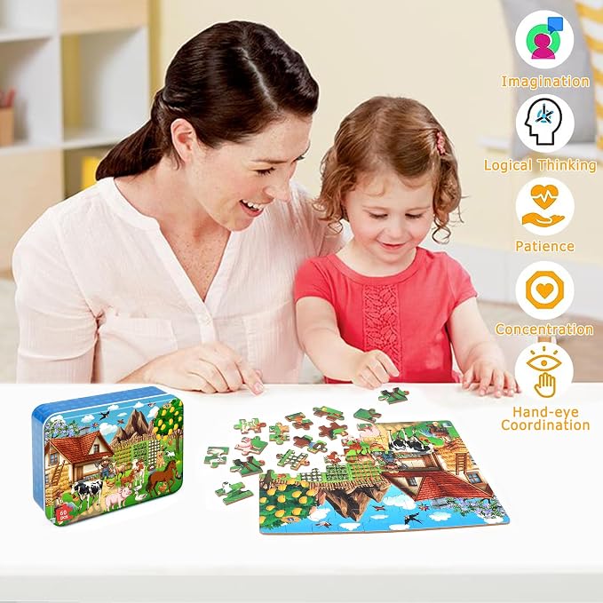 LELEMON Puzzles for Kids Ages 4-6,60 Piece Puzzles for Kids in a Metal Box | Farm Educational Jigsaw Puzzles Kids Puzzles,Childrens Puzzle Games Puzzle Toys for Girls and Boys