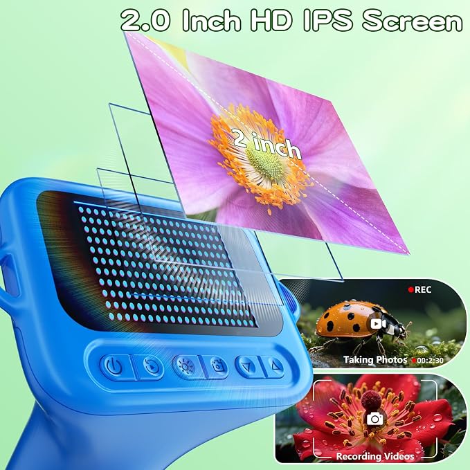 Odatay 1000X Digital Kids Microscope Kit with 12 Slides & 2" Screen, Blue | 1080P Imaging, Fit Ages 3-12, Standalone Pocket Science Edu Toys Gifts, Outdoor Backyard Bugs Exploring, Anti-drop Lanyard