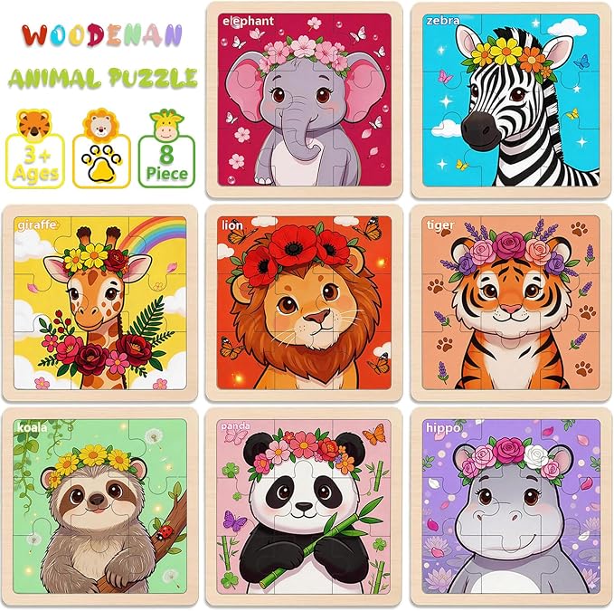 Wooden Jigsaw Puzzles for Kids Ages 3-5, 8-Pack 9-Piece Animal Puzzles Toy | Animal Wood Puzzles Set, Toddler Brain Teaser Toys, Gifts for Boys Girls Ages 3 4 5 6