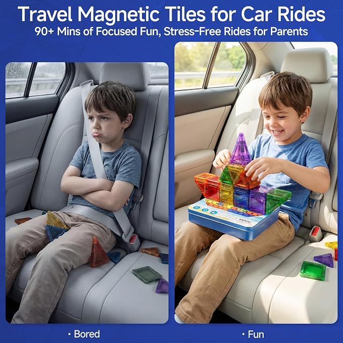 WMXDU Mini Magnetic Building Set: Keep Boys Quiet 60 Mins on Road Trips | 300+ Combos, 90+ Min Crash-Tested Fun for Active Boys. Magnets Lift 7 Tiles, No Fall. Tin Box Shape Guide, Quick Clean