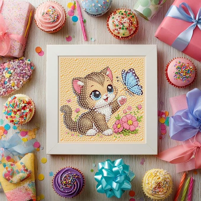 Gemozaic Cat Diamond Art Kits for Kids Ages 4-8-12 with Frame, 7 x 7 in | Cute Animal Diamond Art for Kids 4 6 8 10 12 Year Old, Easy Kid Big Gem Painting, DIY Arts and Crafts for Girl Birthday Gift