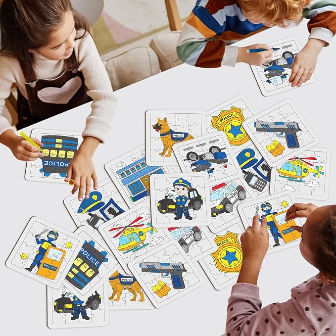 Cinrobiye 24 PCS Police Coloring Puzzle Craft Kit for Kids, DIY Officer Jigsaw Activity Set Bulk with 12 Designs, Law Enforcement Birthday Party Favors, Classroom Art Games, Creative Rewards