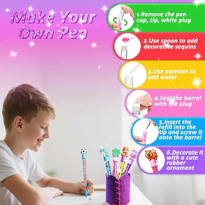 MOMUSE DIY Pen Making Kit for Kids Girls 6-12, Pen Creator Studio Craft Kit | Sewing Your Own Pen Holder, Make 6 Sparkly Glitter Pens, Girls Tweens Birthday Gift, Mess-Free