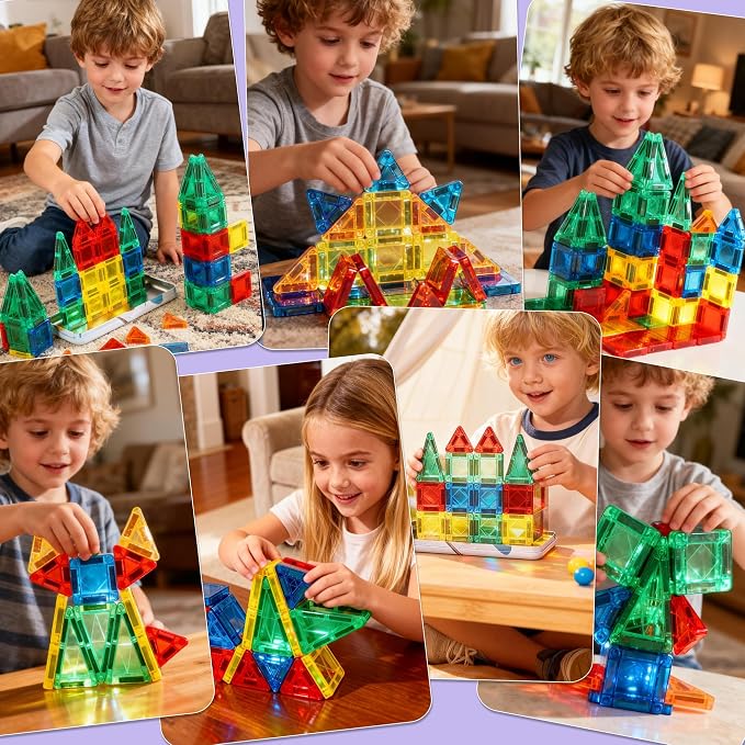 Magnetic Tiles Building Blocks for 3 4 5 6 7 8+ Years Old Boys Girls Colorful Magnet Stacking Toys Birthday Gift for Toddlers STEM Preschool Educational Construction Tiles Set (Mini Magnetic Tiles)