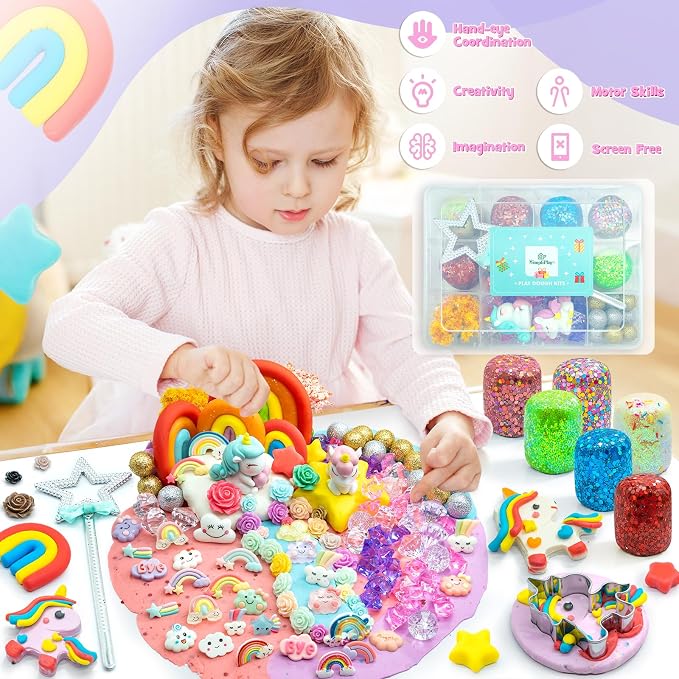 SIMPLIPLAY Unicorn Sensory Dough Kit, 6PCS 18oz Glitter Doughs | Non-Toxic Colorful Sensory Dough with Accessories(120 Pcs+) for Girls with Cutter, Unicorn Toys, Improve Fine Motor Skills