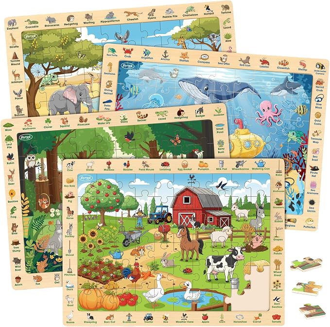 Joyreal Wooden Puzzles for Kids Ages 3-5 4-6, 4 x 60 Piece Puzzles | Match & Find, Educational Animal Learning Toys, Boys Girls Easter Birthday Gifts, Safari Ocean Farm Forest Activities