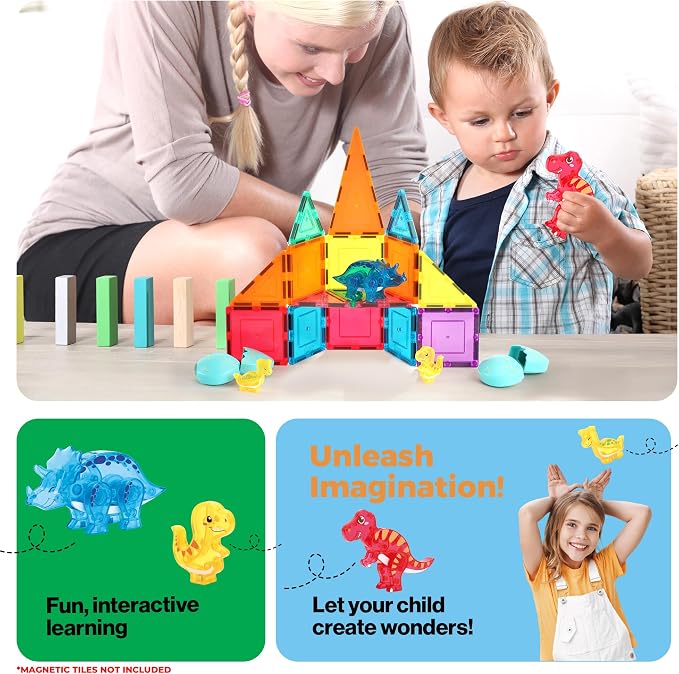 PicassoTiles Magnetic Tiles Dinosaur Egg Set 4 Dinos with 2 Hatchable Eggs Character Action Figures Accessory for Magnet Tile Building Construction STEM Pretend Play Learning Toys Kids Ages 3+ PTA35