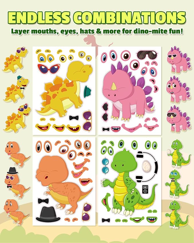 Aowplc 30 Sheets Make A Dinosaur Stickers for Kids Fun Mix 'n Match Craft for Party Favors & Activities