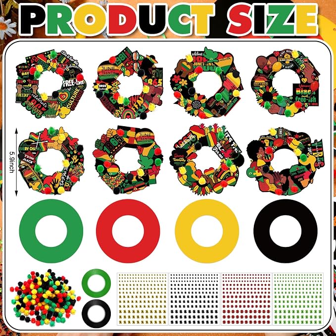 Hollowfly 48 Sets Juneteenth Wreath Craft Kits | 8 African American-Themed Designs, Cardboard Wreaths with Stickers and Pom Poms, 5.91 in Hanging Crafts for Juneteenth Events