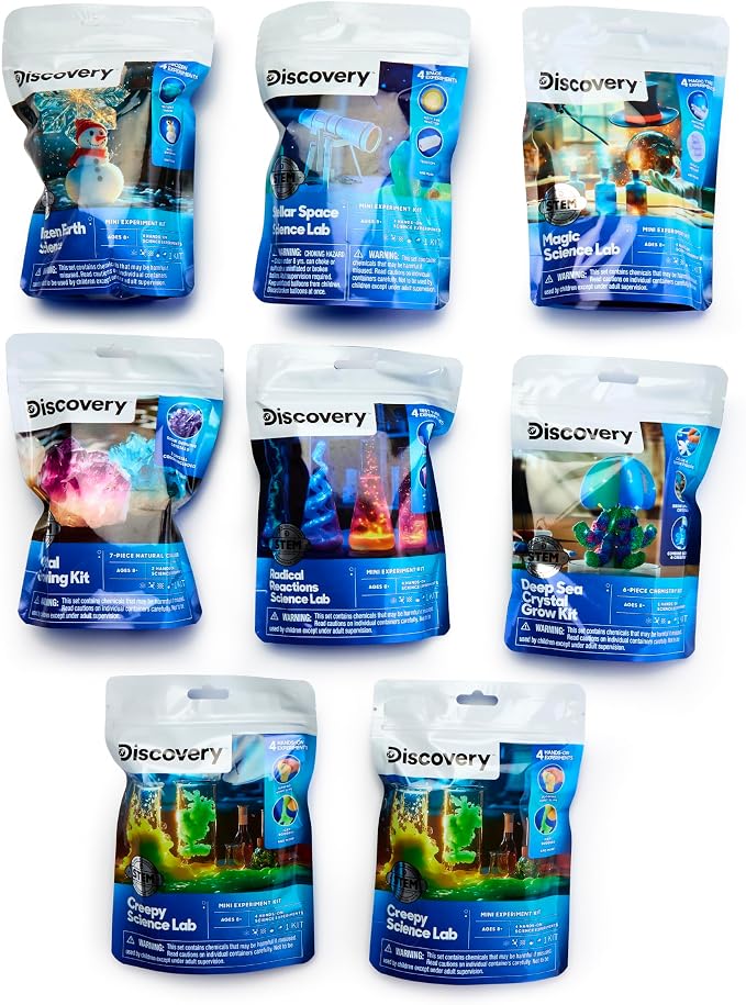 Discovery Mini Science Kit 8-Pack, 32 STEM Science Experiments for Kids, Chemistry, Crystal Growing, Slime, Magic, Space, Creepy, Frozen Activity Sets, Educational Learning Toy, Boys Girls Gift Age 8+