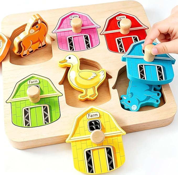 Wooden Puzzles for Toddlers 1-3 : Farm Animal Peg Puzzles, Preschool Learning Activities, Toddler Toys Age 1-2, Montessori Toys for 1 2 Year Old Boy Girl Christmas Birthday Gift | Montessori Baby Puzzles 12-18 Months - Preschool Learning Activities for...