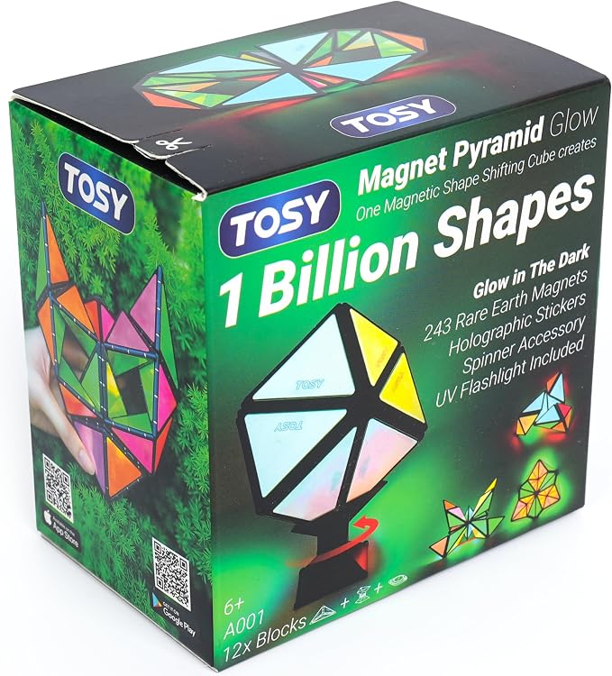 TOSY Magnet Pyramid Glow - 1 Cube Transforms into 1 Billion Shapes, 12 Pieces, 243 Rare Earth Magnets, Glowing, Holographic Design Magnet Tiles Creative Puzzle STEM/STEAM Toy