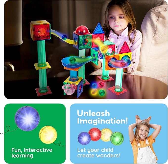 PicassoTiles Motion Activated Marbles 4pc LED Light-Up Glow in The Dark Translucent Balls for Marble Run Race Racetrack Maze Magnetic Construction Magnet Tiles Building Block STEM Education Kids Toys