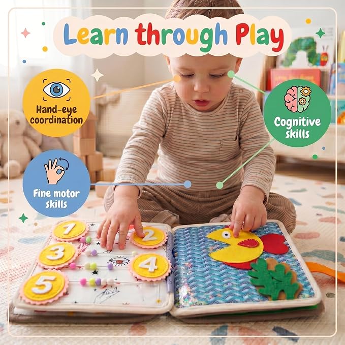 LUMS Busy Book for Toddlers 1-3 - Montessori Busy Board, Toddler Activity Book Ages 2-4, Felt Quiet Sensory Learning Travel Toy for 1 Year Old, Car & Airplane Rides