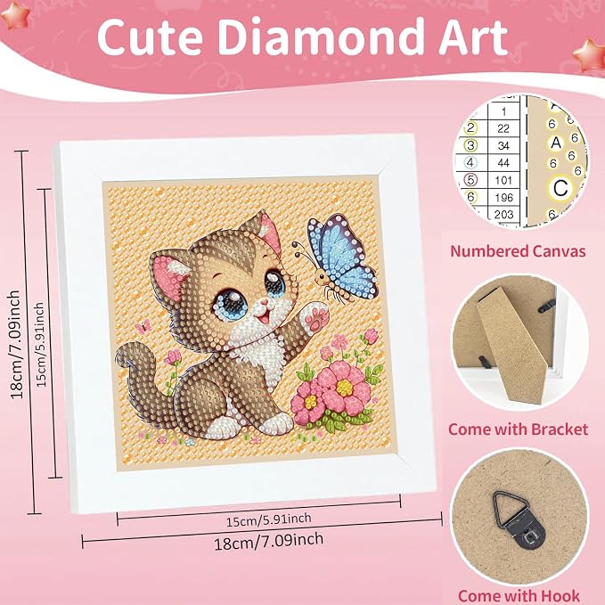 Gemozaic Cat Diamond Art Kits for Kids Ages 4-8-12 with Frame, 7 x 7 in | Cute Animal Diamond Art for Kids 4 6 8 10 12 Year Old, Easy Kid Big Gem Painting, DIY Arts and Crafts for Girl Birthday Gift