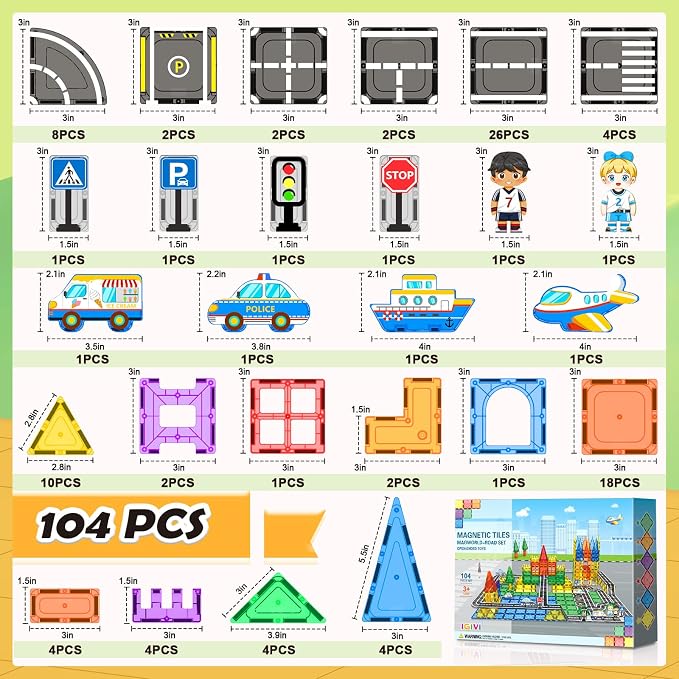 104 PCS Magnetic Tiles Road Set, STEM Magnet Toys Gift for 3+ Year Old Boys | Construction Toys for Kids Ages 3-5 5-7 4-8, Magnet Building Blocks for Toddler, Christmas Birthday Gifts for Boys Girls