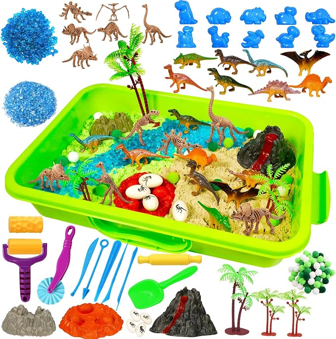Bbiamsleep Dinosaur Sensory Bin, 147 Pcs Dino Sensory Bin Filler | Dino Sensory Bin Set with Sandbox 10 Dinosaur Mould 9 Tools for Home Decor