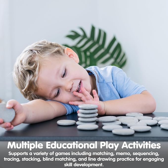 PlanToys® Tactile Stones Wooden Educational for Kids Ages 3+ Montessori Set | textured pieces, sensory toys, wooden stones, girls, boys, touch recognition memory pattern gift preschool learning cute