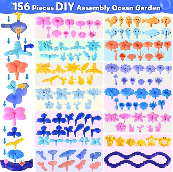 Doloowee 156Pcs Marine Coral Flower Garden Building Toys for Girls Age 3-8 | 156pcs BPA-free marine coral & ower garden building toys in a storage box. Screen-free STEM gift for girls ages 3-8.